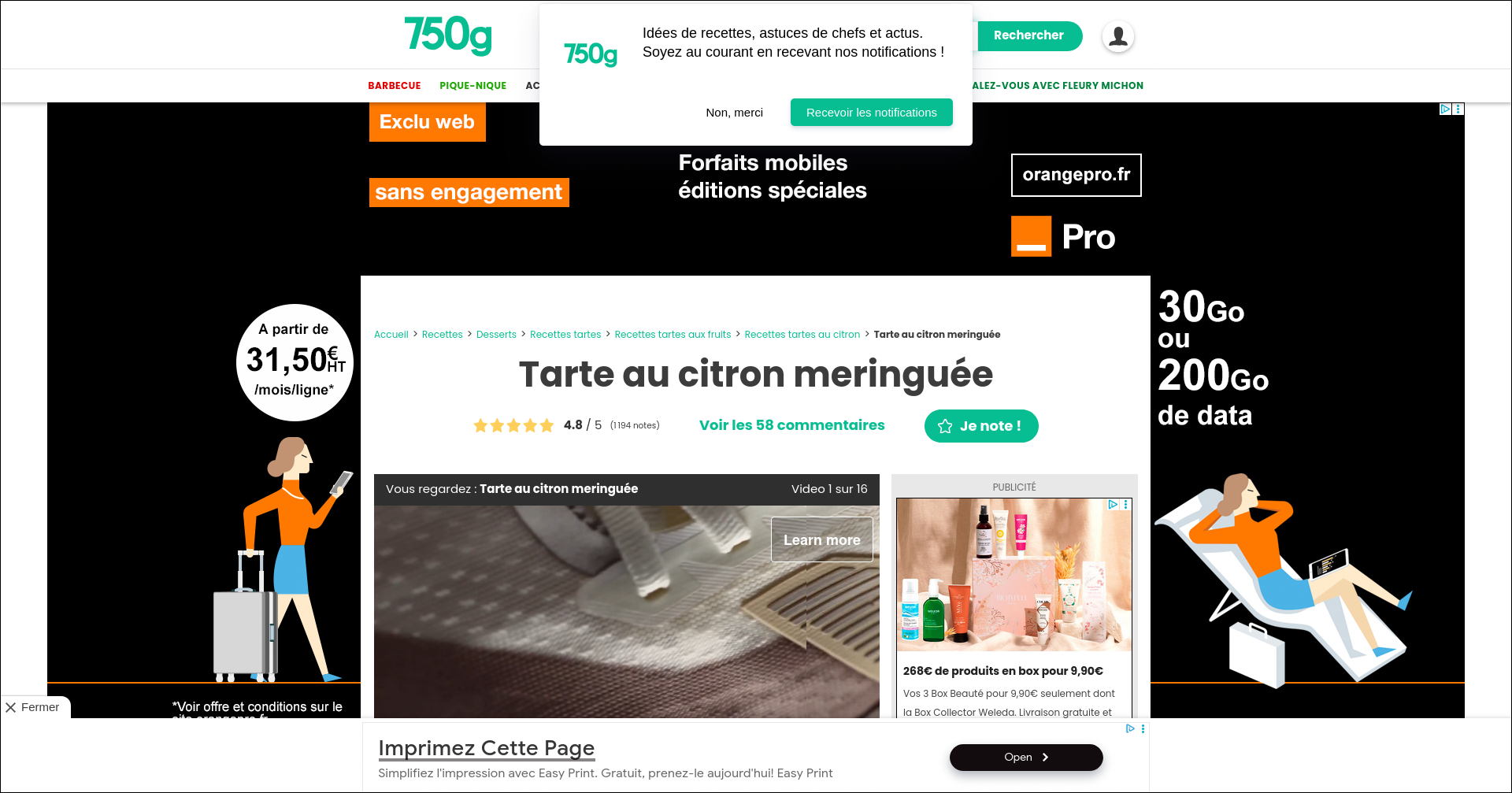 Capture d'écran de 750g.com sans bloqueur de publicité
