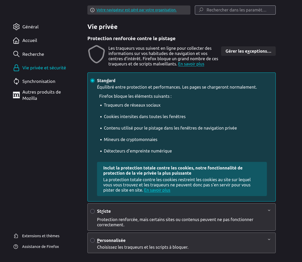 Paramètres de vie privée de Firefox